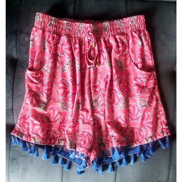 Simply Southern Seashell Shorts Pull On Pink w/ Blue Tassels Pockets - Size S/M - Picture 1 of 3